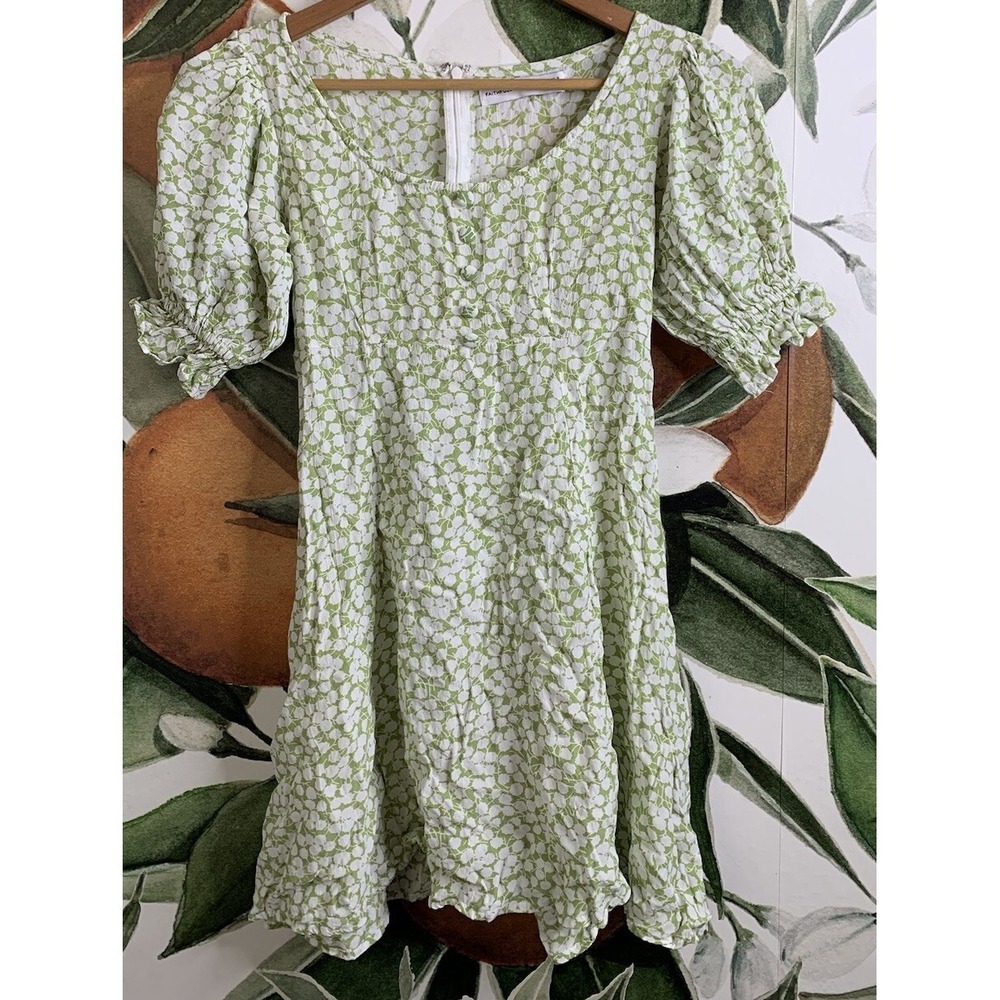 Faithfull the Brand Womens Size 4 Light Green Floral Puff Sleeve Mini Dress - Picture 1 of 6